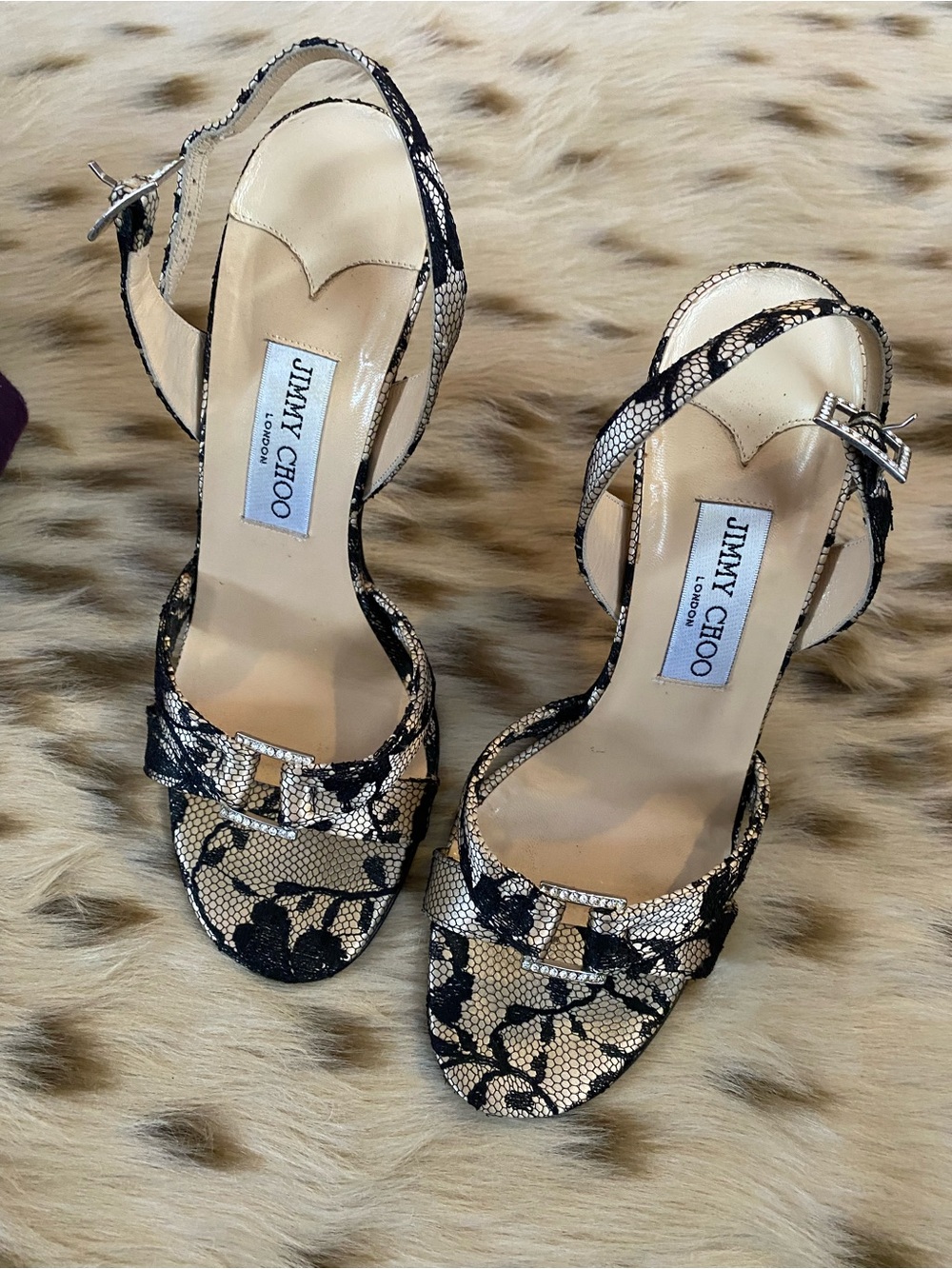 Vintage Jimmy Choo Pink Satin and Black Lace Slingback Heels